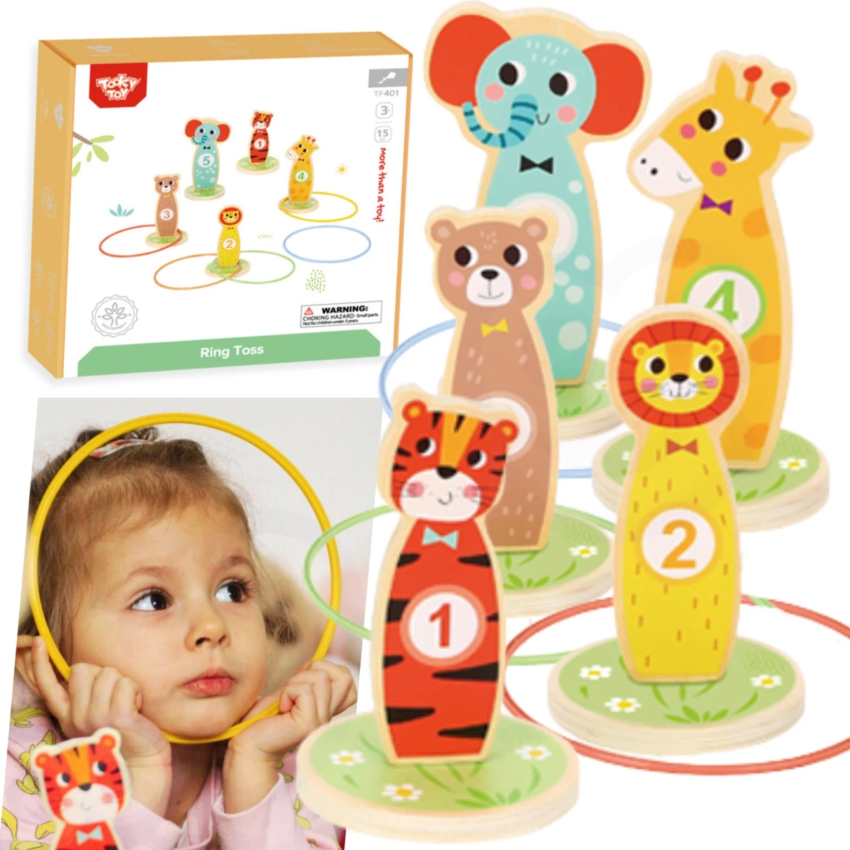TOOKY TOY Drewniana Gra Zręcznościowa Rzut do Celu Zwierzątka 15 el. | Pan Piksel