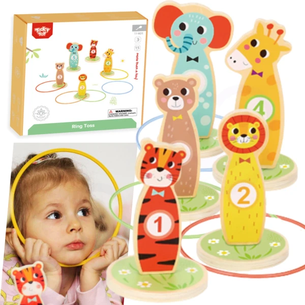 TOOKY TOY Drewniana Gra Zręcznościowa Rzut do Celu Zwierzątka 15 el. | Pan Piksel