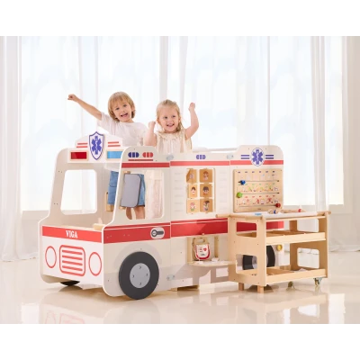 VIGA Duży Drewniany Ambulans Zestaw Karetka Małych Ratowników Akcesoria 25 el. | Pan Piksel