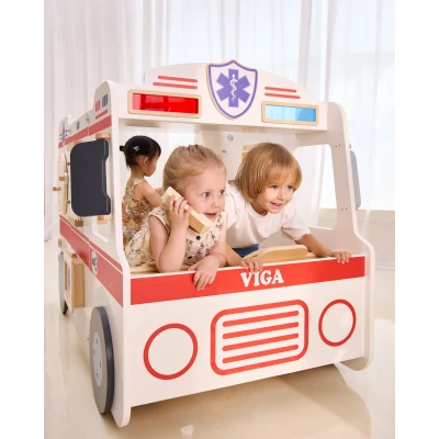 VIGA Duży Drewniany Ambulans Zestaw Karetka Małych Ratowników Akcesoria 25 el. | Pan Piksel