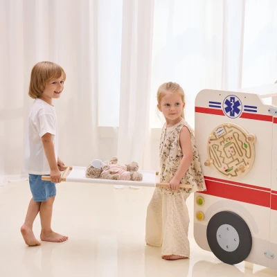 VIGA Duży Drewniany Ambulans Zestaw Karetka Małych Ratowników Akcesoria 25 el. | Pan Piksel
