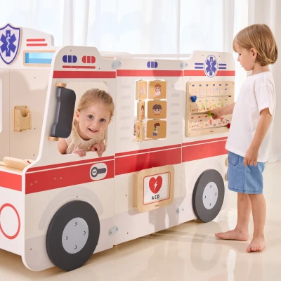 VIGA Duży Drewniany Ambulans Zestaw Karetka Małych Ratowników Akcesoria 25 el. | Pan Piksel