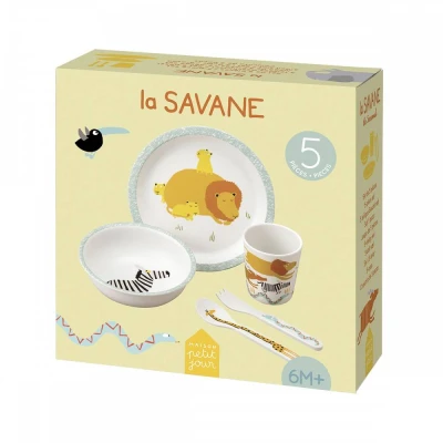 MAISON PETIT JOUR Zestaw naczyń i sztućców dla dziecka 5 el. Sawanna | Pan Piksel