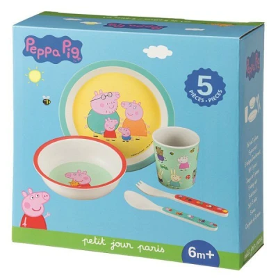 PETIT JOUR PARIS Zestaw naczyń i sztućców dla dziecka 5 el. Świnka Peppa | Pan Piksel