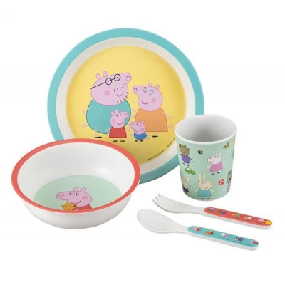 PETIT JOUR PARIS Zestaw naczyń i sztućców dla dziecka 5 el. Świnka Peppa | Pan Piksel