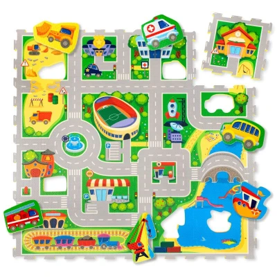 HAKUNA MATTE Puzzle na podłogę dla dzieci Mata piankowa Miasto i wyjmowane pojazdy 120x120 cm | Pan Piksel