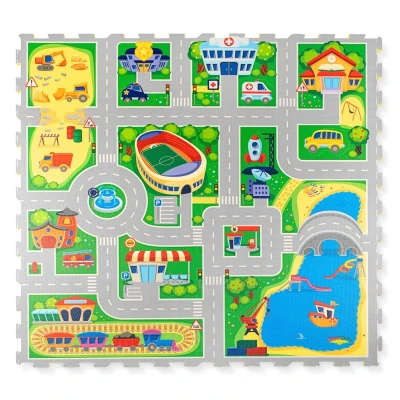 HAKUNA MATTE Puzzle na podłogę dla dzieci Mata piankowa Miasto i wyjmowane pojazdy 120x120 cm | Pan Piksel