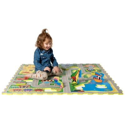 HAKUNA MATTE Puzzle na podłogę dla dzieci Mata piankowa Miasto i wyjmowane pojazdy 120x120 cm | Pan Piksel