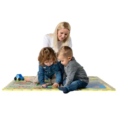 HAKUNA MATTE Puzzle na podłogę dla dzieci Mata piankowa Miasto i wyjmowane pojazdy 120x120 cm | Pan Piksel