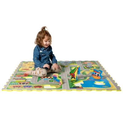 HAKUNA MATTE Puzzle na podłogę dla dzieci Mata piankowa Miasto i wyjmowane pojazdy 120x120 cm | Pan Piksel