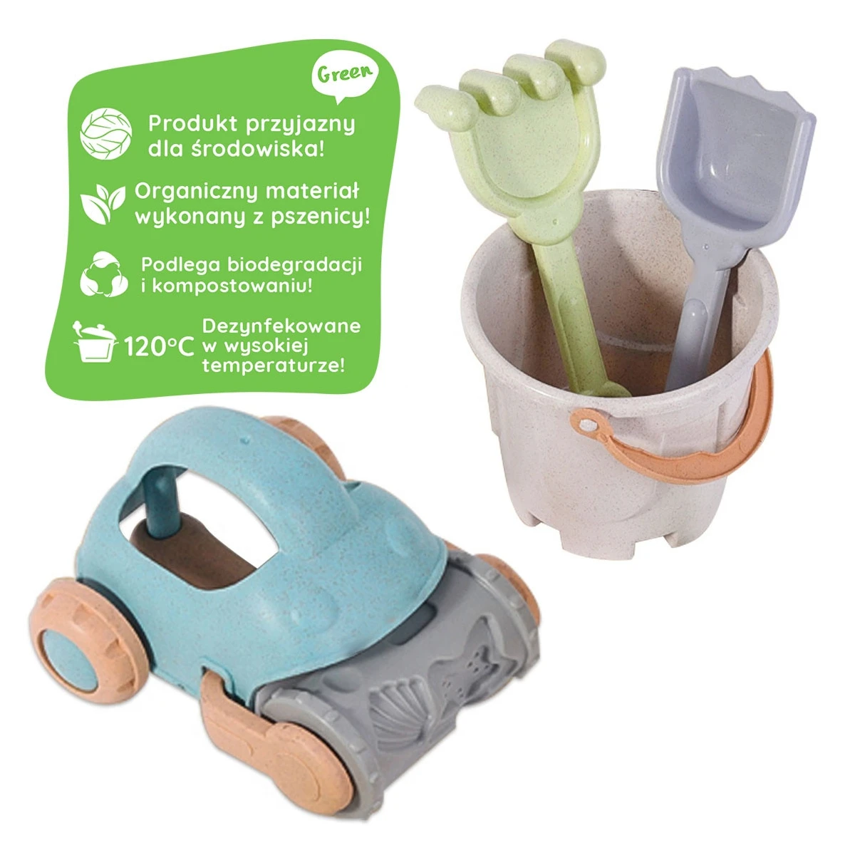 WOOPIE GREEN Zestaw do Piasku z Wiaderkiem i Samochodzikiem 10 el. BIODEGRADOWALNY ORGANICZNY MATERIAŁ | Pan Piksel
