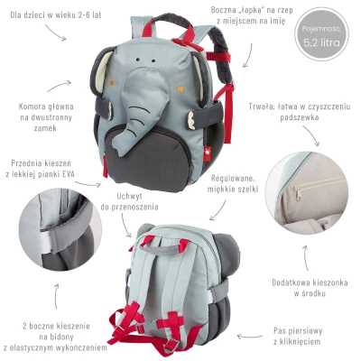 SIGIKID Plecak dziecięcy Słoń – plecaczek do przedszkola 29 cm | Pan Piksel
