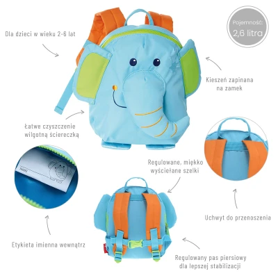 SIGIKID Plecak dziecięcy Słoń turkusowy lekki plecak do przedszkola 24 cm | Pan Piksel
