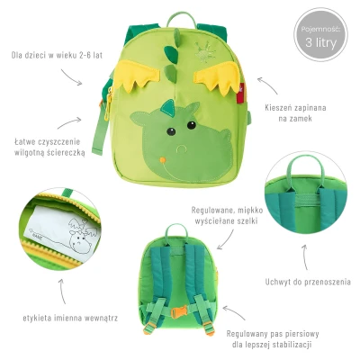 SIGIKID Plecak dziecięcy Smok zielony lekki plecak do przedszkola 24 cm | Pan Piksel