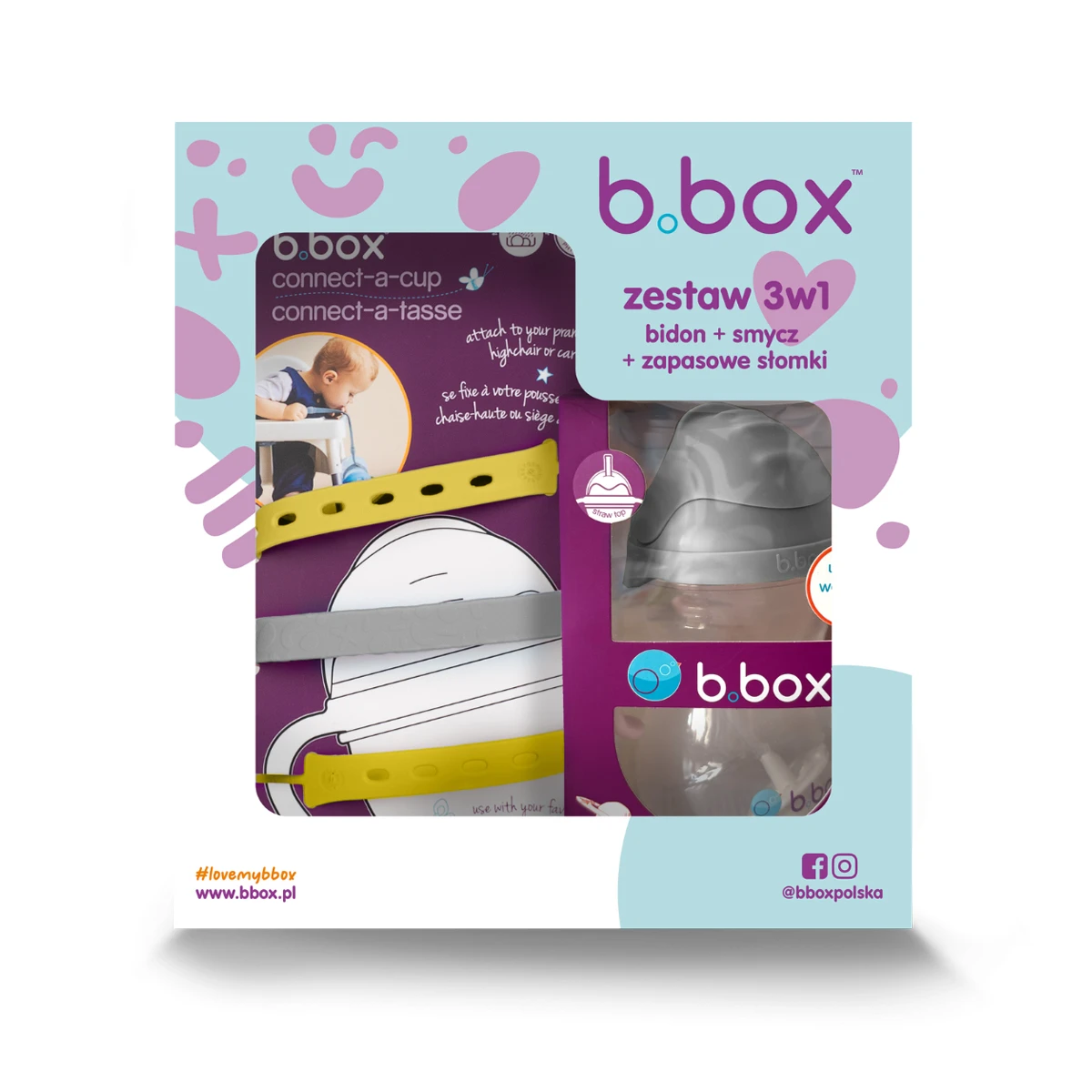 B.BOX Zestaw na start 3w1 bidon ze słomką 240 ml szary + smycz Lemon Sherbet + zapasowe słomki | Pan Piksel