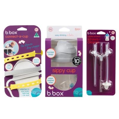 B.BOX Zestaw na start 3w1 bidon ze słomką 240 ml szary + smycz Lemon Sherbet + zapasowe słomki | Pan Piksel