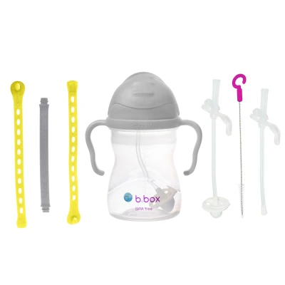 B.BOX Zestaw na start 3w1 bidon ze słomką 240 ml szary + smycz Lemon Sherbet + zapasowe słomki | Pan Piksel