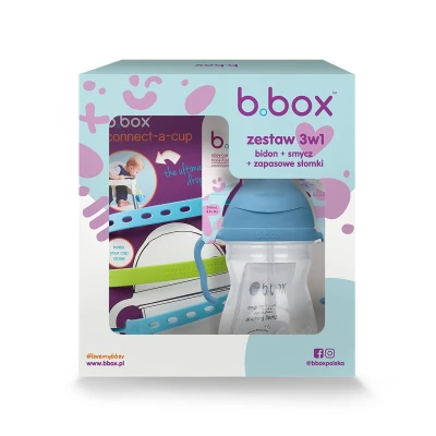 B.BOX Zestaw na start 3w1 bidon ze słomką 240 ml borówkowy+ smycz Ocean Breeze + zapasowe słomki | Pan Piksel