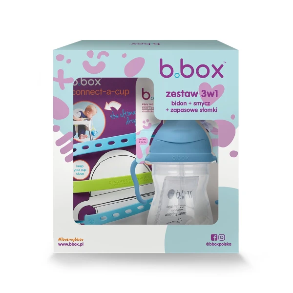 B.BOX Zestaw na start 3w1 bidon ze słomką 240 ml borówkowy+ smycz Ocean Breeze + zapasowe słomki | Pan Piksel