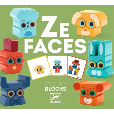 DJECO Drewniane zwierzątka do układania ZE FACES | Pan Piksel
