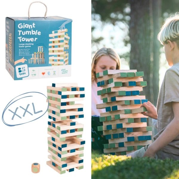 BS Toys Gigantyczna drewniana wieża zręcznościowa XXL – 60 klocków wysokość do 1 m | Pan Piksel