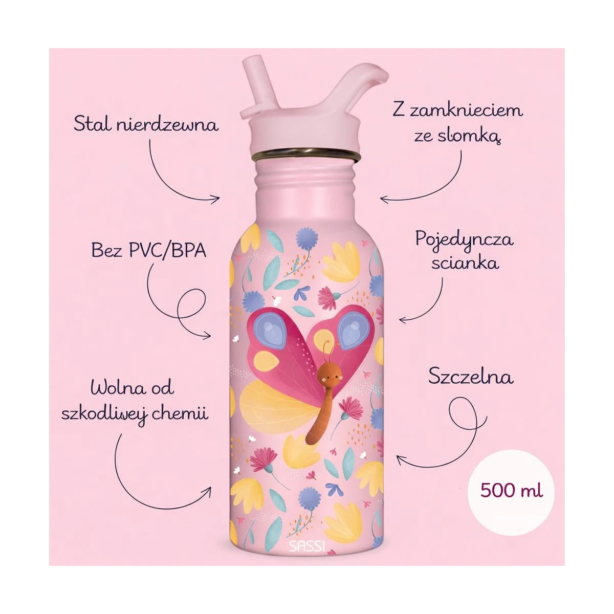 SASSI EDITORE Butelka na wodę bidon 500 ml Motyl SASSI | Pan Piksel