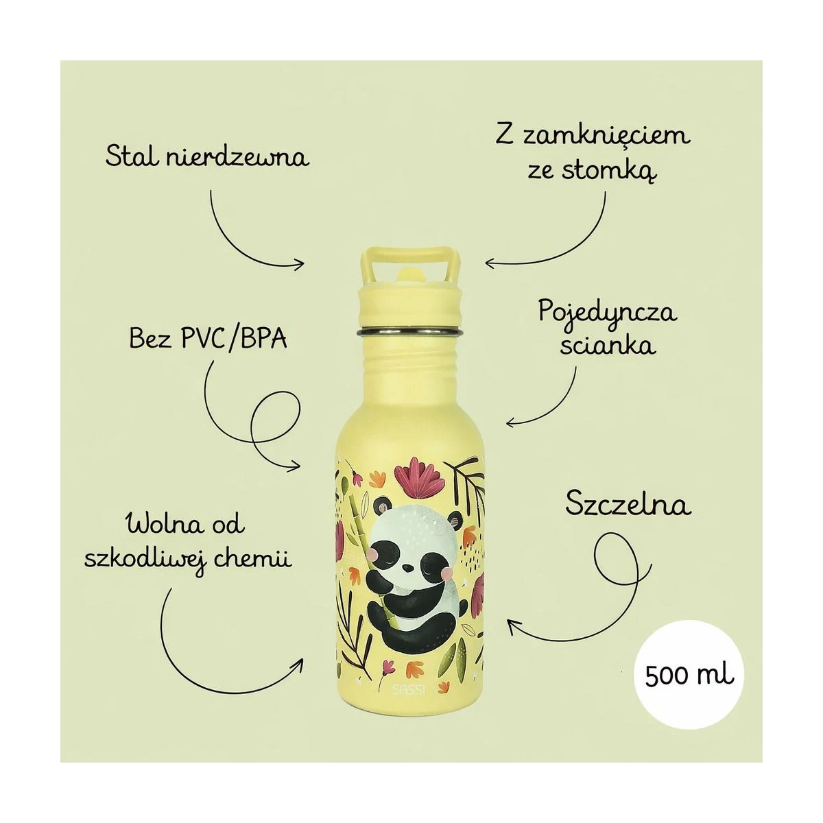 SASSI EDITORE Butelka na wodę bidon 500 ml Panda SASSI | Pan Piksel