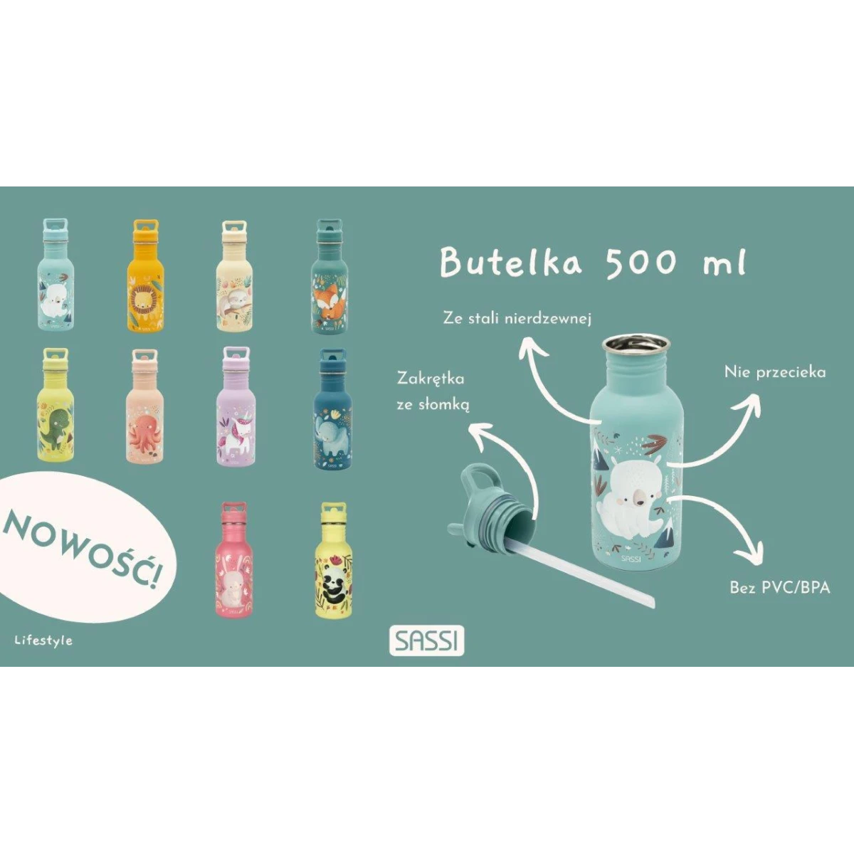 SASSI EDITORE Butelka na wodę bidon 500 ml Panda SASSI | Pan Piksel