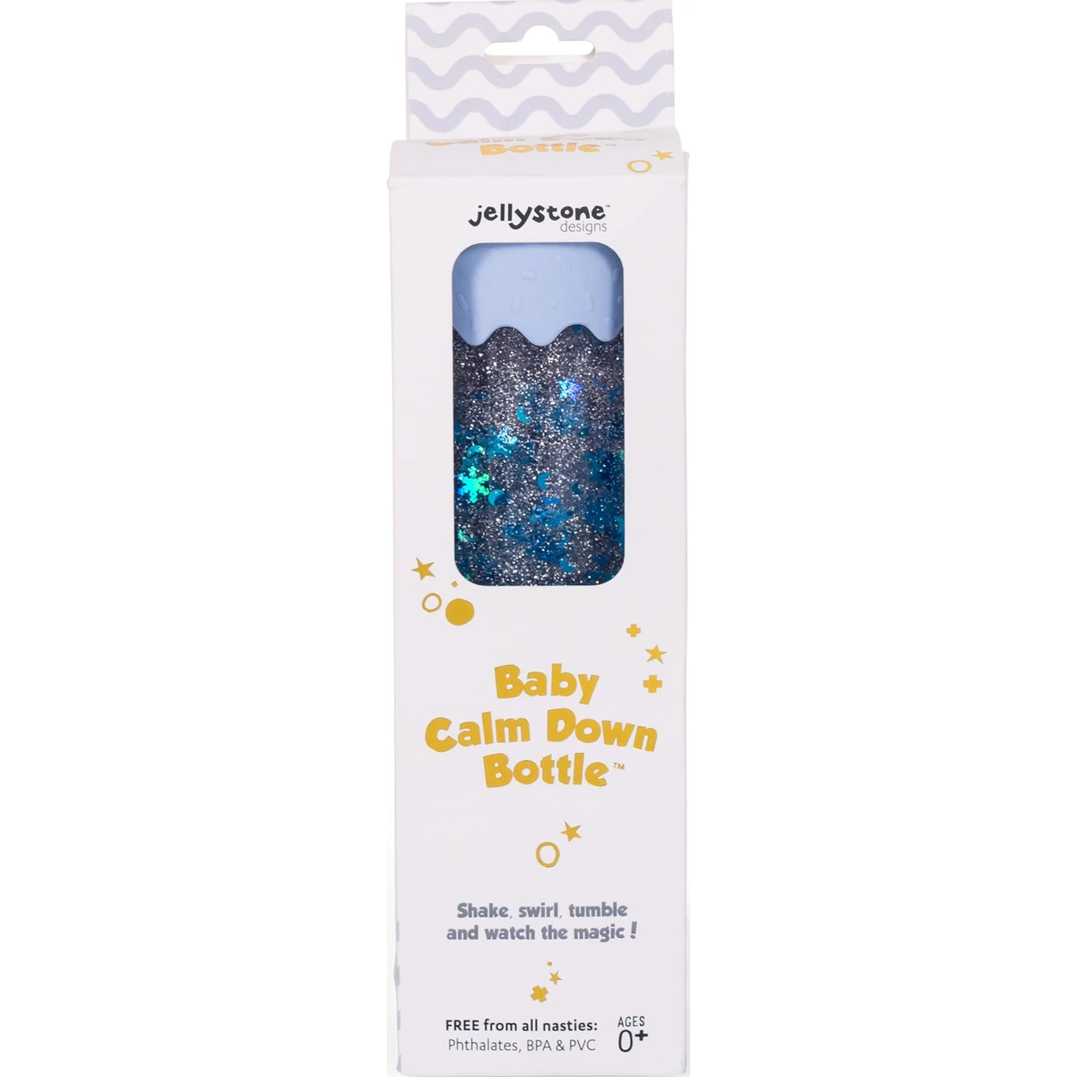 JELLYSTONE DESIGNS Jellystone Sensoryczna butelka dla niemowląt SOFT BLUE 0+ wyciszająca przepływowa zamknięta | Pan Piksel