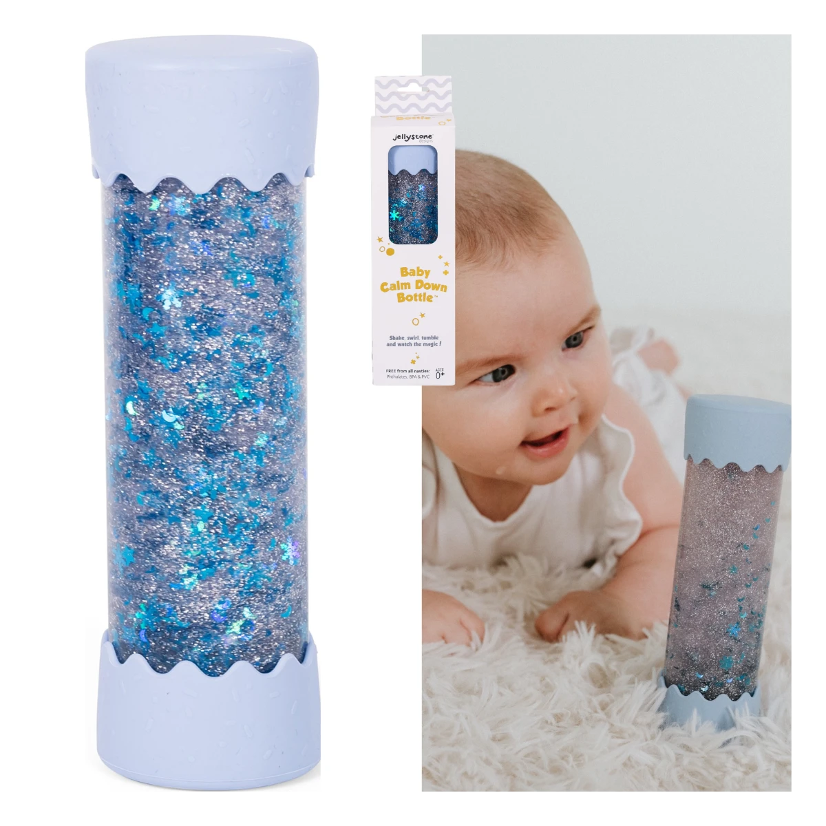 JELLYSTONE DESIGNS Jellystone Sensoryczna butelka dla niemowląt SOFT BLUE 0+ wyciszająca przepływowa zamknięta | Pan Piksel