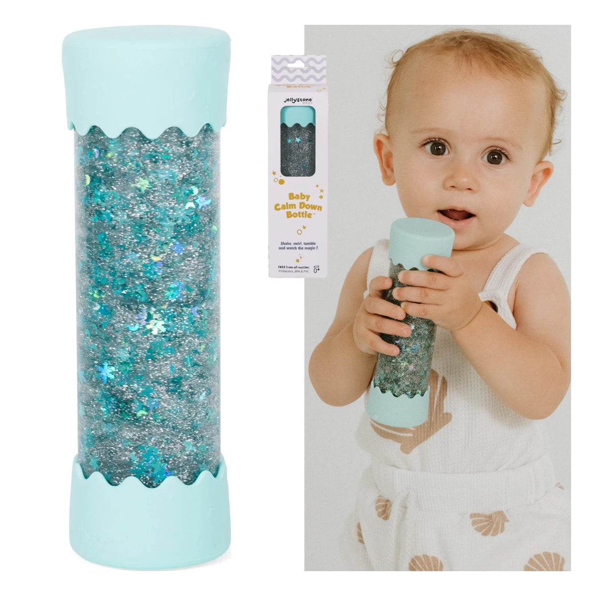 JELLYSTONE DESIGNS Jellystone Sensoryczna butelka dla niemowląt SOFT MINT 0+ wyciszająca przepływowa zamknięta | Pan Piksel