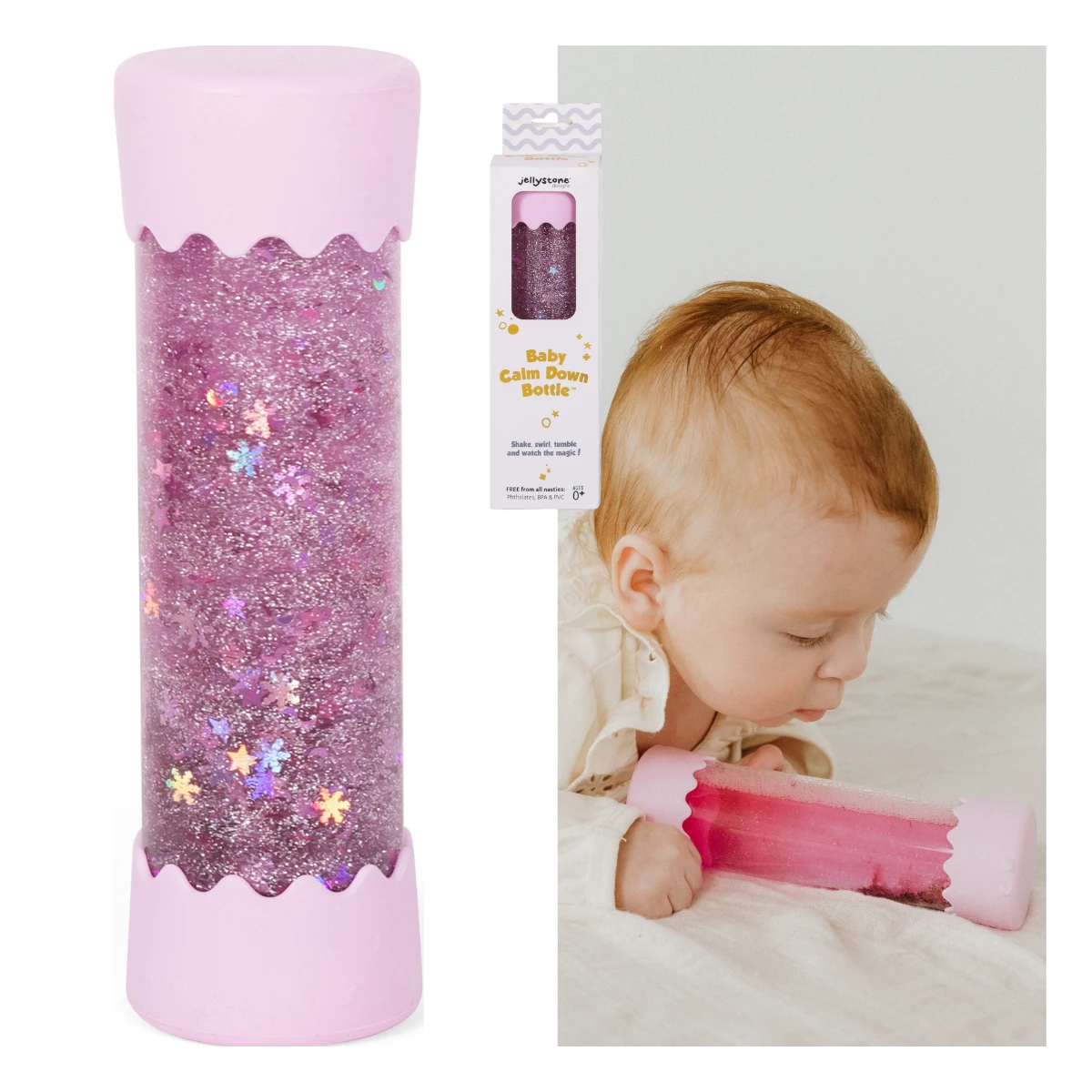 JELLYSTONE DESIGNS Jellystone Sensoryczna butelka dla niemowląt SOFT PINK 0+ wyciszająca przepływowa zamknięta | Pan Piksel