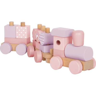 SMALL FOOT Pociąg drewniany różowy sorter kształtów i klocki do układania | Pan Piksel