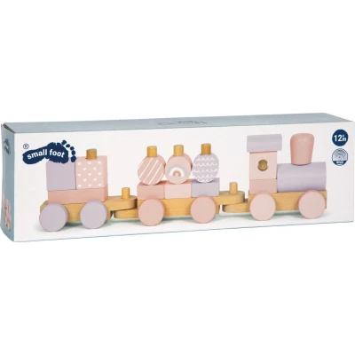 SMALL FOOT Pociąg drewniany różowy sorter kształtów i klocki do układania | Pan Piksel