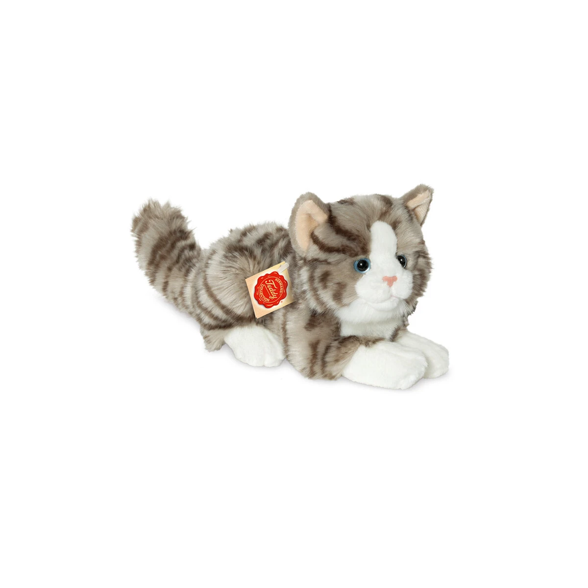 TEDDY HERMANN Kot Szary Pręgowany Leżący 20 cm maskotka dla dzieci | Pan Piksel