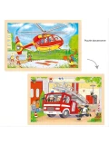 GOKI Dwustronne puzzle drewniane dla dzieci helikopter/straż pożarna | Pan Piksel