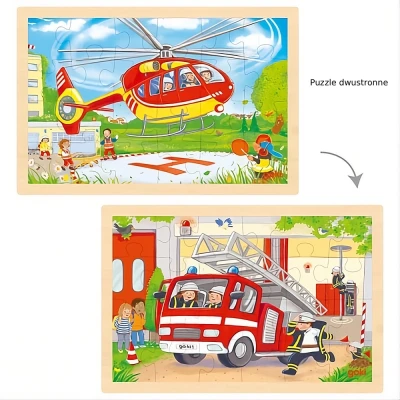 GOKI Dwustronne puzzle drewniane dla dzieci helikopter/straż pożarna | Pan Piksel