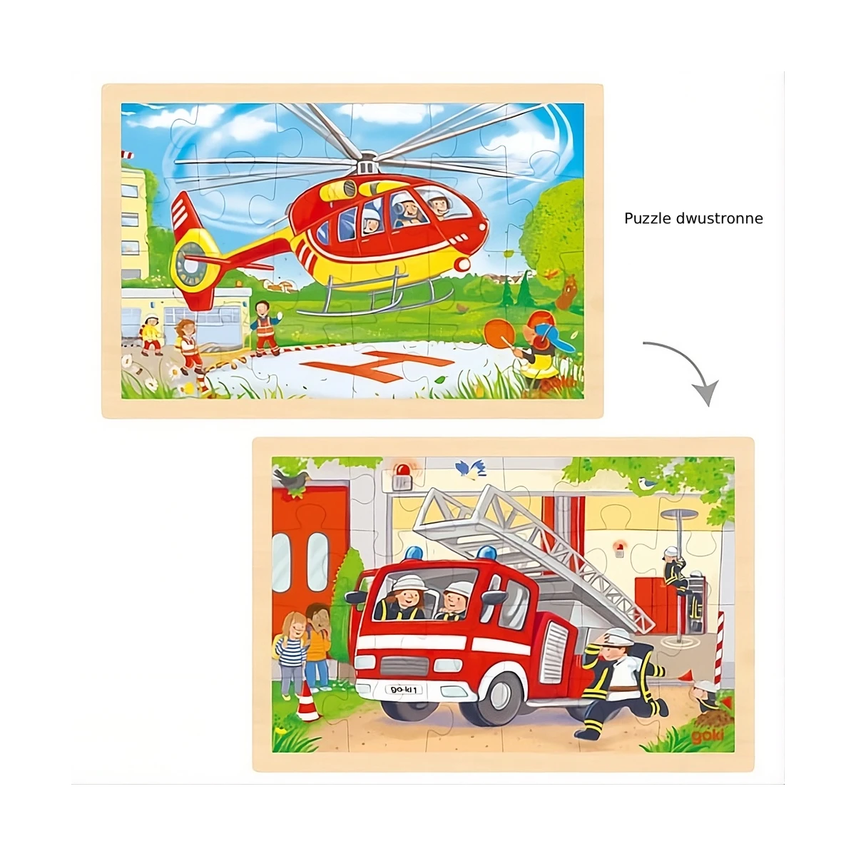 GOKI Dwustronne puzzle drewniane dla dzieci helikopter/straż pożarna | Pan Piksel