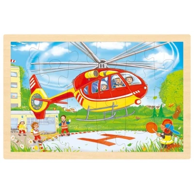 GOKI Dwustronne puzzle drewniane dla dzieci helikopter/straż pożarna | Pan Piksel