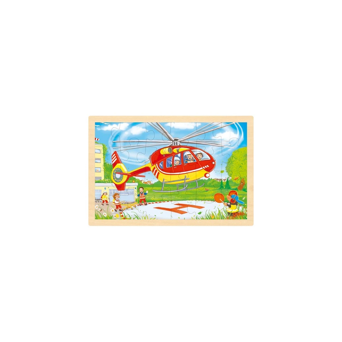 GOKI Dwustronne puzzle drewniane dla dzieci helikopter/straż pożarna | Pan Piksel