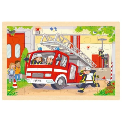 GOKI Dwustronne puzzle drewniane dla dzieci helikopter/straż pożarna | Pan Piksel