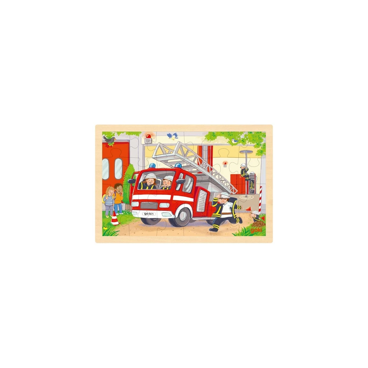 GOKI Dwustronne puzzle drewniane dla dzieci helikopter/straż pożarna | Pan Piksel