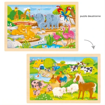 GOKI Dwustronne puzzle drewniane dla dzieci zoo/farma | Pan Piksel