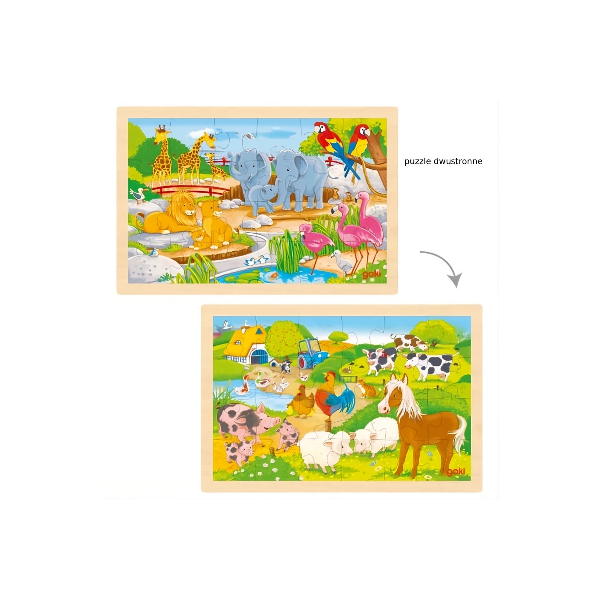 GOKI Dwustronne puzzle drewniane dla dzieci zoo/farma | Pan Piksel