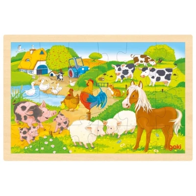 GOKI Dwustronne puzzle drewniane dla dzieci zoo/farma | Pan Piksel
