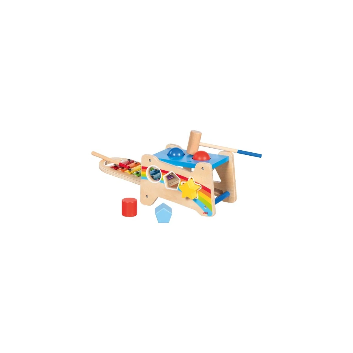 GOKI Multifunkcyjna drewniana zabawka 3w1 ksylofon przybijanka sorter | Pan Piksel