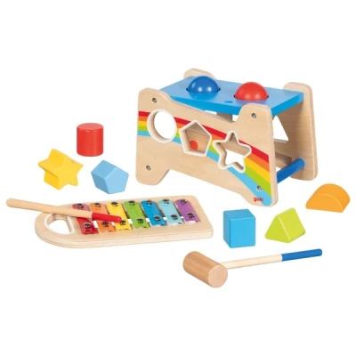 GOKI Multifunkcyjna drewniana zabawka 3w1 ksylofon przybijanka sorter | Pan Piksel