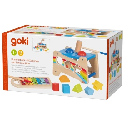 GOKI Multifunkcyjna drewniana zabawka 3w1 ksylofon przybijanka sorter | Pan Piksel