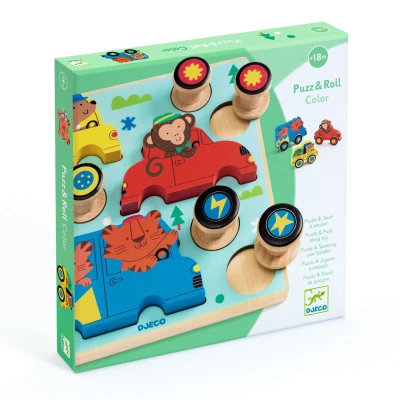 DJECO Układanka drewniana 2 w1 PUZZ & ROLL COLOR | Pan Piksel