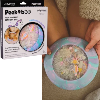 JELLYSTONE DESIGNS Jellystone Sensoryczny dysk z figurkami A-Ku-Ku! Peekaboo motyw Jednorożec | Pan Piksel